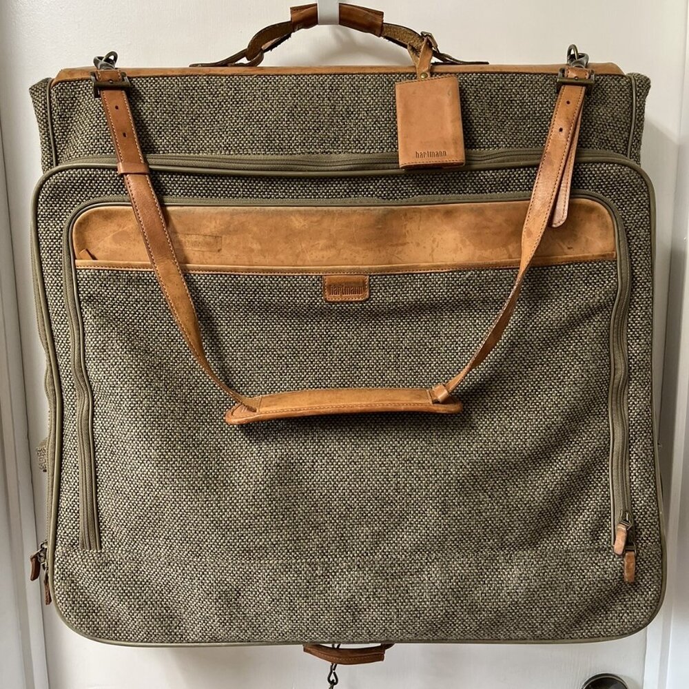 EUC Hartmann Vintage 80s Brown Tweed Garment Bag Leather Trim Travel Luggage